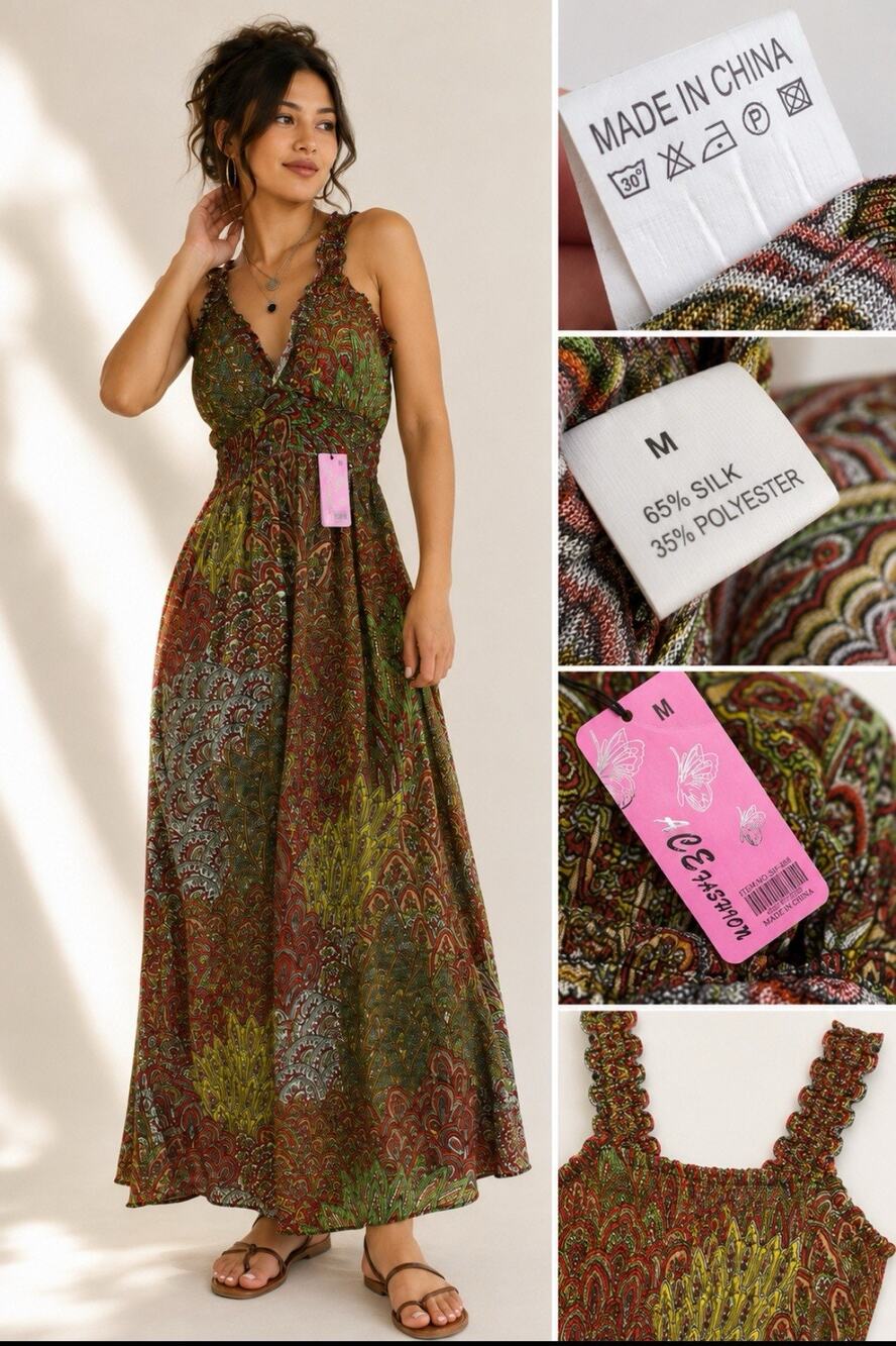 NWT Bohemian Artsy Y2K Paisley Silk Blend Smocked Maxi Dress Size M Multicolor